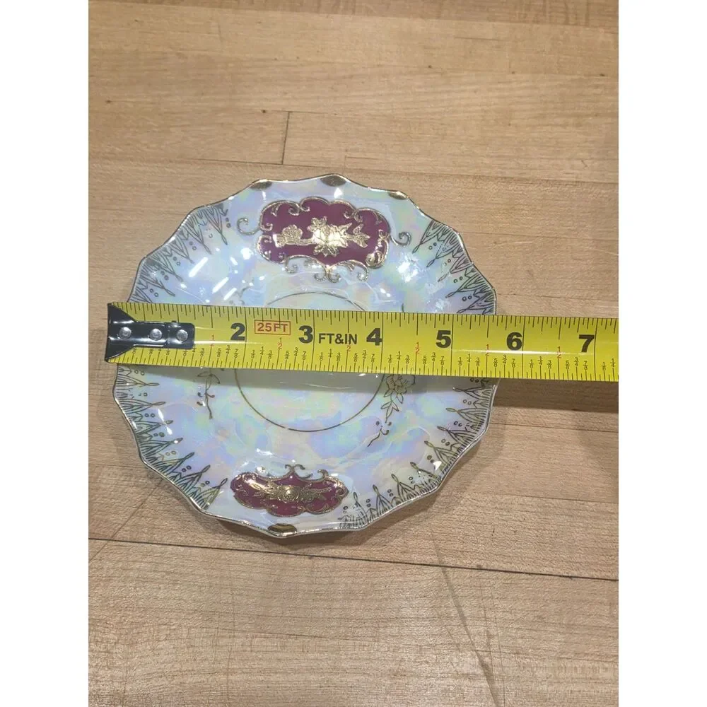 Vintage Lefton China Iridescent Lusterware Teacup Saucer Set Maroon Gold 20336